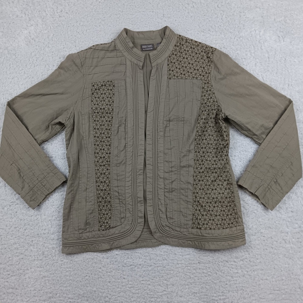 Chico's Jacket Additions Women 2 Olive Green Pintuck Floral Lace Open Front